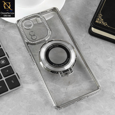 Xiaomi Poco C65 Cover - Silver - Luxury Diamond Rhinestones Color Electroplating Borders Magsafe Magnetic Stand Holder Soft Clear Case With Camera Protection