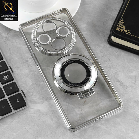 Xiaomi Redmi 14R Cover - Silver - Luxury Diamond Rhinestones Color Electroplating Borders Magsafe Magnetic Stand Holder Soft Clear Case With Camera Protection