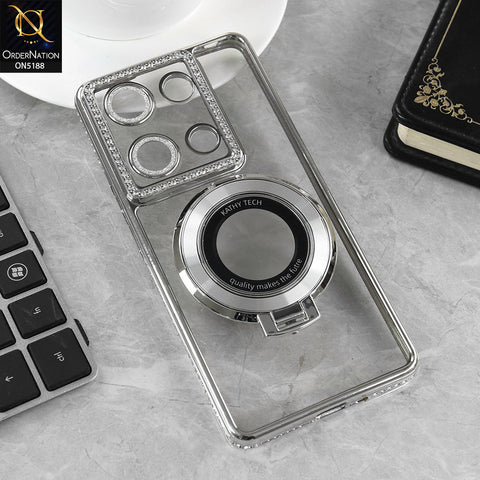 Xiaomi Redmi Note 13 Pro 4G Cover - Silver - Luxury Diamond Rhinestones Color Electroplating Borders Magsafe Magnetic Stand Holder Soft Clear Case With Camera Protection