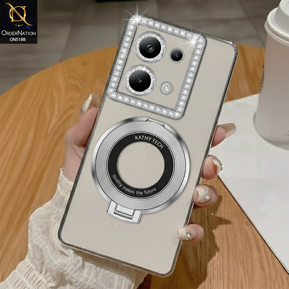 Xiaomi Redmi Note 13 Pro 4G Cover - Silver - Luxury Diamond Rhinestones Color Electroplating Borders Magsafe Magnetic Stand Holder Soft Clear Case With Camera Protection