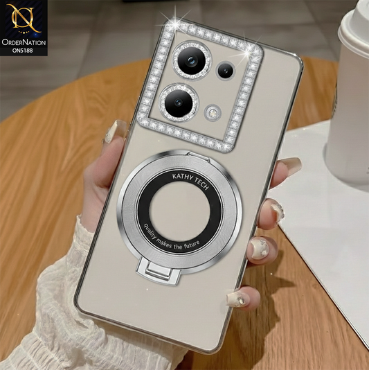 Xiaomi Redmi Note 13 Pro 4G Cover - Silver - Luxury Diamond Rhinestones Color Electroplating Borders Magsafe Magnetic Stand Holder Soft Clear Case With Camera Protection