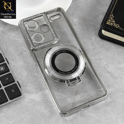 Xiaomi Redmi Note 13 Pro Plus 5G XFF Edition Cover - Silver - Luxury Diamond Rhinestones Color Electroplating Borders Magsafe Magnetic Stand Holder Soft Clear Case With Camera Protection