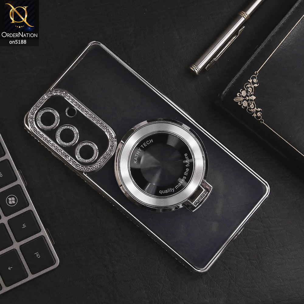 Samsung Galaxy S24 Cover - Silver - Luxury Diamond Rhinestones Color Electroplating Borders Magsafe Magnetic Stand Holder Soft Clear Case With Camera Protection