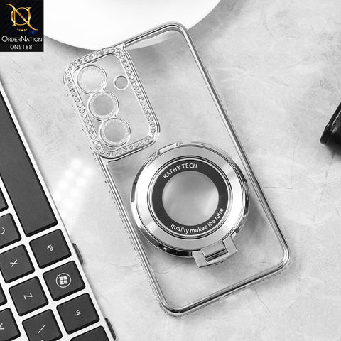 Samsung Galaxy S24 FE Cover - Silver - Luxury Diamond Rhinestones Color Electroplating Borders Magsafe Magnetic Stand Holder Soft Clear Case With Camera Protection