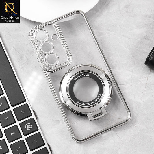 Samsung Galaxy S25 Cover - Silver - Luxury Diamond Rhinestones Color Electroplating Borders Magsafe Magnetic Stand Holder Soft Clear Case With Camera Protection