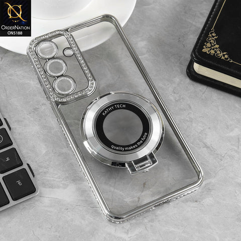 Samsung Galaxy S25 FE Cover - Silver - Luxury Diamond Rhinestones Color Electroplating Borders Magsafe Magnetic Stand Holder Soft Clear Case With Camera Protection