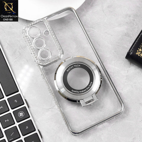 Samsung Galaxy S25 Plus Cover - Silver - Luxury Diamond Rhinestones Color Electroplating Borders Magsafe Magnetic Stand Holder Soft Clear Case With Camera Protection