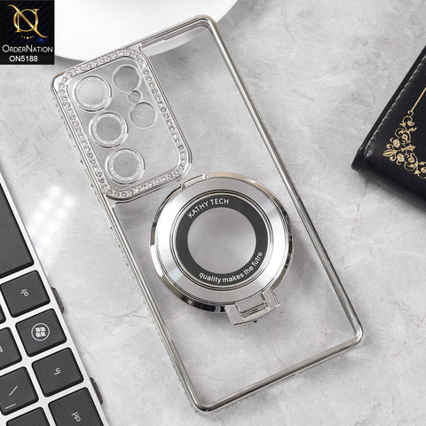 Samsung Galaxy S25 Ultra Cover - Silver - Luxury Diamond Rhinestones Color Electroplating Borders Magsafe Magnetic Stand Holder Soft Clear Case With Camera Protection