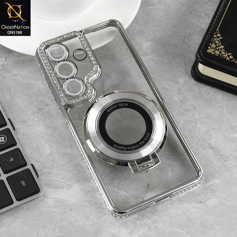Samsung Galaxy S26 Cover - Silver - Luxury Diamond Rhinestones Color Electroplating Borders Magsafe Magnetic Stand Holder Soft Clear Case With Camera Protection