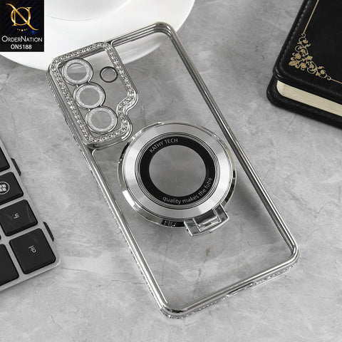 Samsung Galaxy S26 Plus Cover - Silver - Luxury Diamond Rhinestones Color Electroplating Borders Magsafe Magnetic Stand Holder Soft Clear Case With Camera Protection