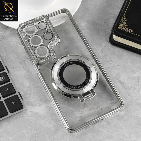 Samsung Galaxy S26 Ultra Cover - Silver - Luxury Diamond Rhinestones Color Electroplating Borders Magsafe Magnetic Stand Holder Soft Clear Case With Camera Protection