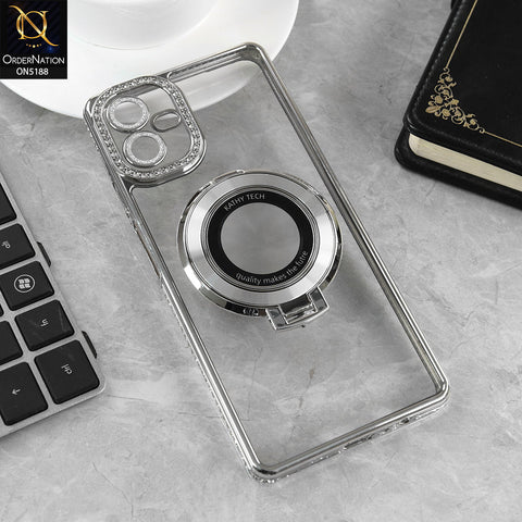 Samsung Galaxy F07 Cover - Silver - Luxury Diamond Rhinestones Color Electroplating Borders Magsafe Magnetic Stand Holder Soft Clear Case With Camera Protection