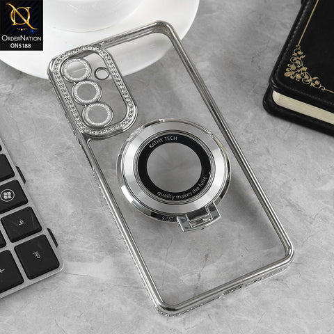 Samsung Galaxy A16 5G Cover - Silver - Luxury Diamond Rhinestones Color Electroplating Borders Magsafe Magnetic Stand Holder Soft Clear Case With Camera Protection
