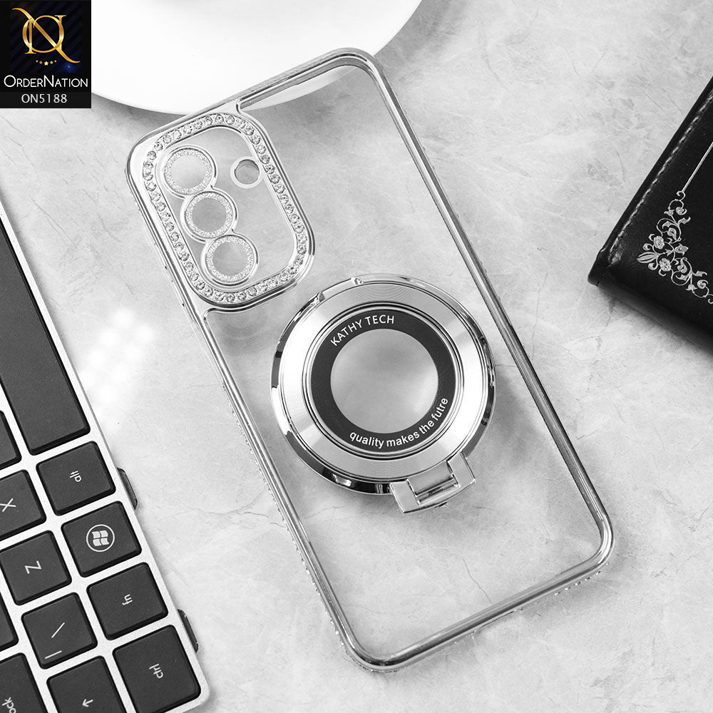 Samsung Galaxy A26 Cover - Silver - Luxury Diamond Rhinestones Color Electroplating Borders Magsafe Magnetic Stand Holder Soft Clear Case With Camera Protection