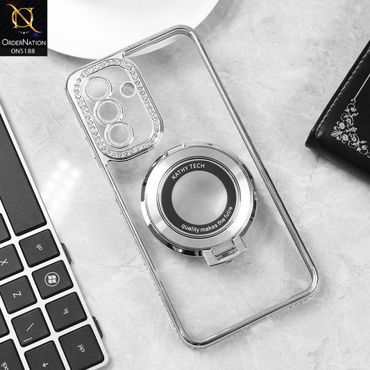 Samsung Galaxy A26 Cover - Silver - Luxury Diamond Rhinestones Color Electroplating Borders Magsafe Magnetic Stand Holder Soft Clear Case With Camera Protection