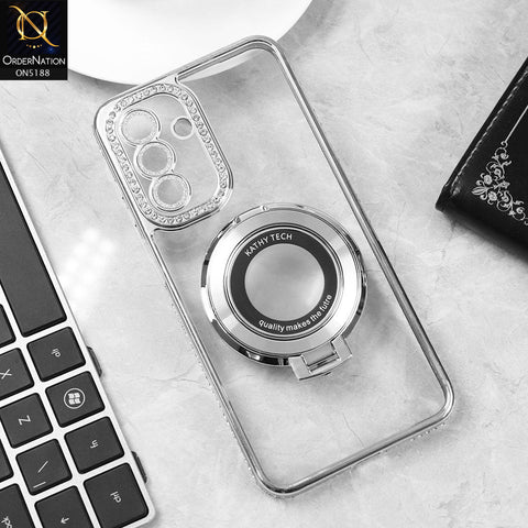 Samsung Galaxy A26 Cover - Silver - Luxury Diamond Rhinestones Color Electroplating Borders Magsafe Magnetic Stand Holder Soft Clear Case With Camera Protection