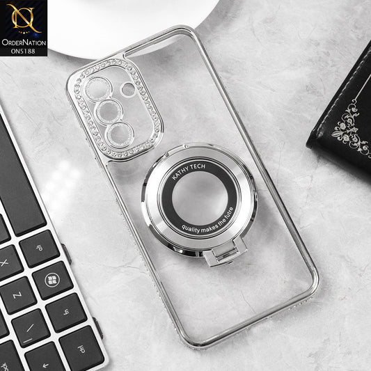 Samsung Galaxy A56 Cover - Silver - Luxury Diamond Rhinestones Color Electroplating Borders Magsafe Magnetic Stand Holder Soft Clear Case With Camera Protection
