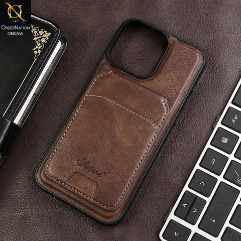 iPhone 15 Cover - Brown - Luxuary Leather Case with Magnetic Wallet and Kick Stand Holder