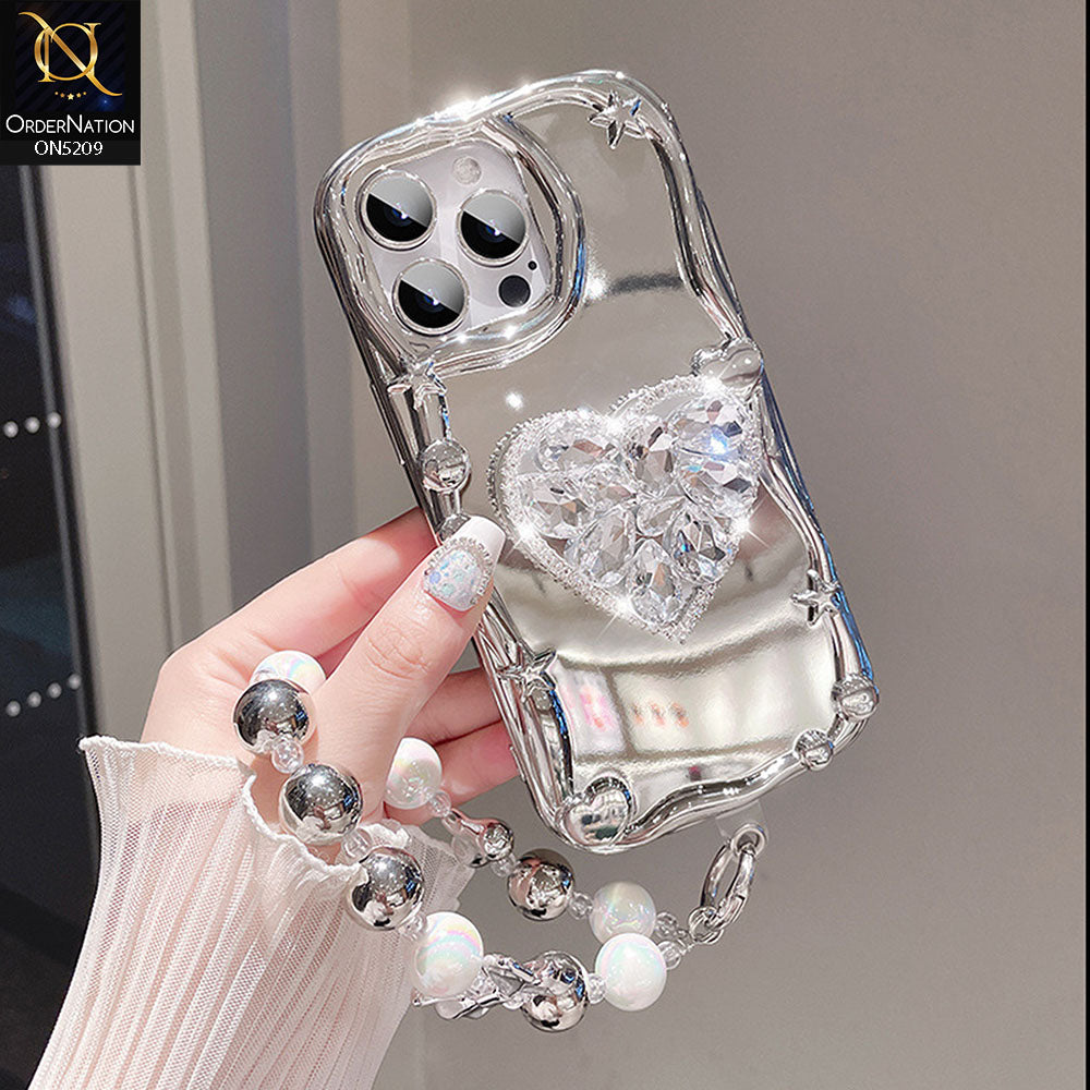 iPhone 13 Pro Max Cover - Silver - 3D Electroplated Crystal Heart Shiny Mirror Case With Wrist Holder