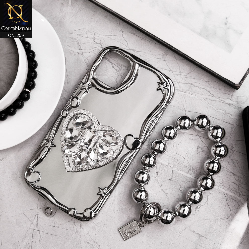 iPhone 11 Pro Max Cover - Silver - 3D Electroplated Crystal Heart Shiny Mirror Case With Wrist Holder