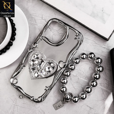 iPhone 12 Pro Max Cover - Silver - 3D Electroplated Crystal Heart Shiny Mirror Case With Wrist Holder
