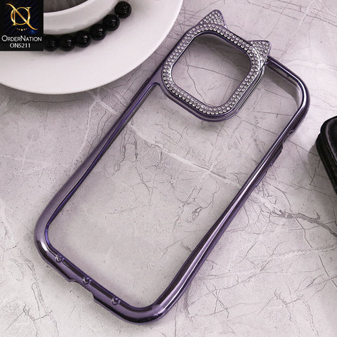 iPhone 14 Pro Max Cover - Purple - Luxury Cartoon Shiny Rhinestones Camera Border Soft Case
