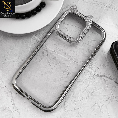 iPhone 15 Pro Max Cover - Silver - Luxury Cartoon Shiny Rhinestones Camera Border Soft Case