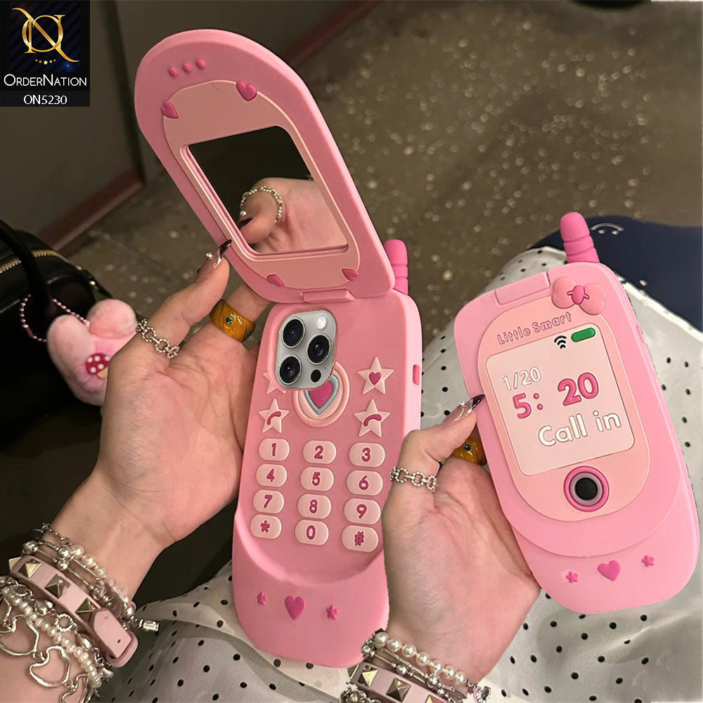 iPhone 14 Pro Cover - Pink - Cute 3D Retro Mirror Flip Phone Style Soft Silicone Case