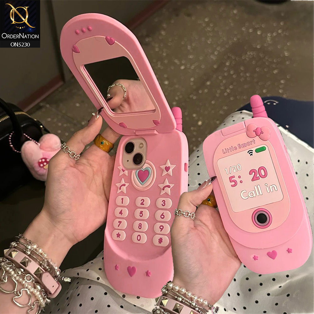 iPhone 15 Cover - Pink - Cute 3D Retro Mirror Flip Phone Style Soft Silicone Case