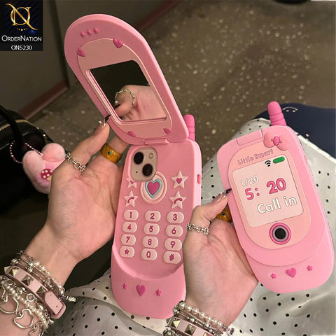iPhone 15 Cover - Pink - Cute 3D Retro Mirror Flip Phone Style Soft Silicone Case