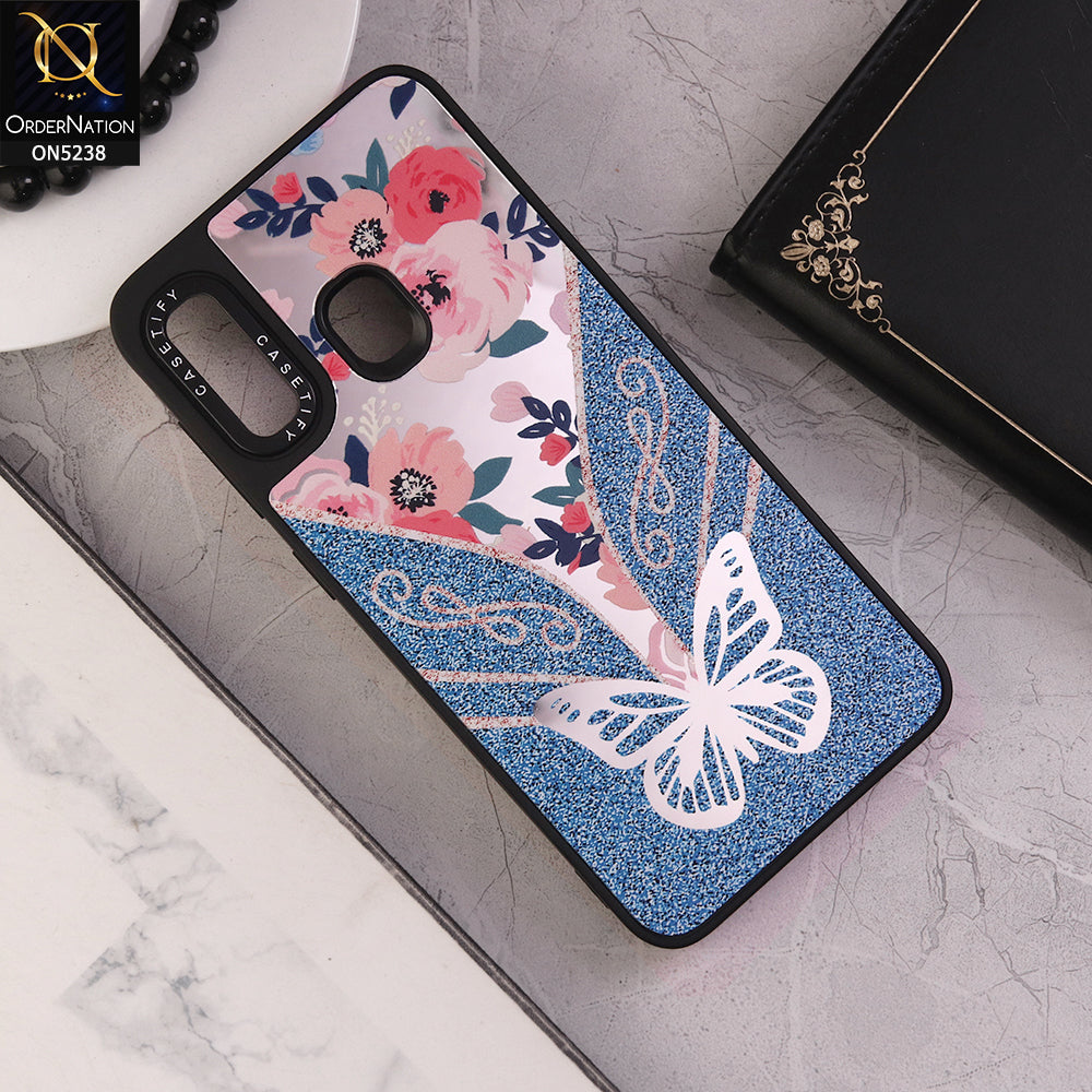 Samsung Galaxy A20 Cover - Design 4 - Trendy Floral Butterfly Shiny Mirror Soft Borders Protective Case