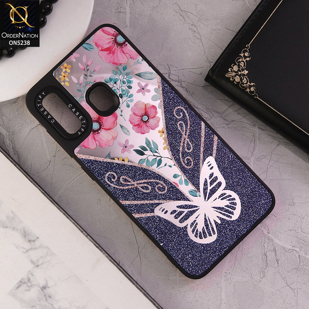Samsung Galaxy A30 Cover - Design 9 - Trendy Floral Butterfly Shiny Mirror Soft Borders Protective Case