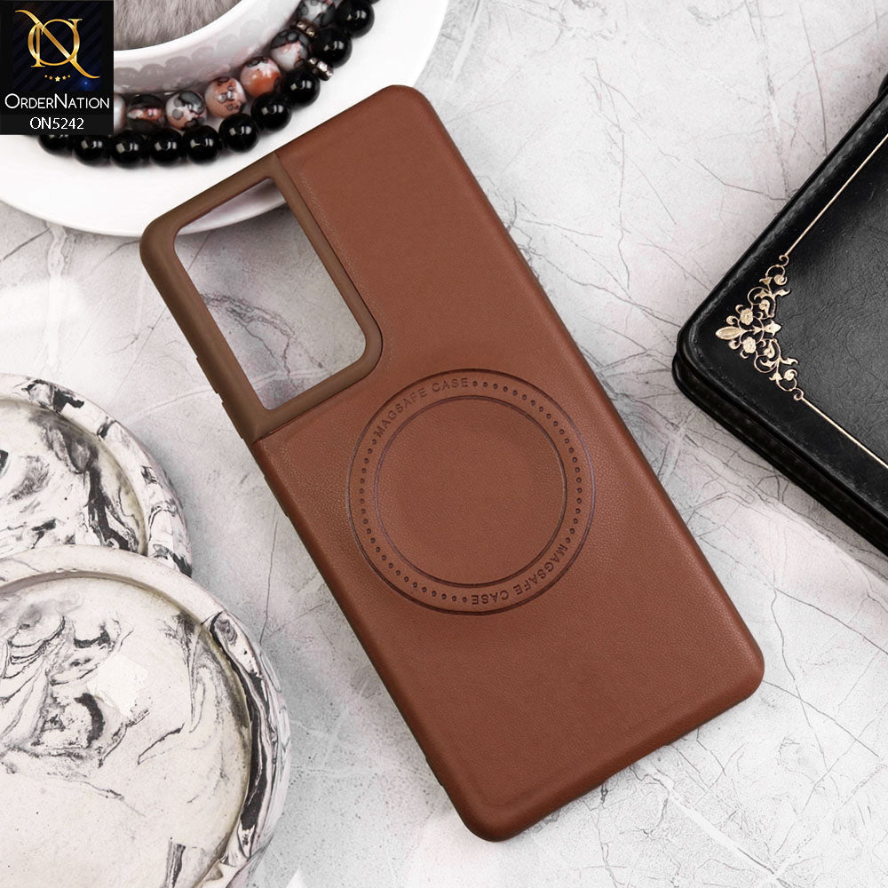 Samsung Galaxy S21 Ultra Cover - Light Brown - Luxury Pu Leather Texture Magsafe Soft Border Protective Case With Logo Hole