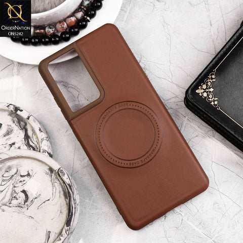 Samsung Galaxy S21 Ultra Cover - Light Brown - Luxury Pu Leather Texture Magsafe Soft Border Protective Case With Logo Hole