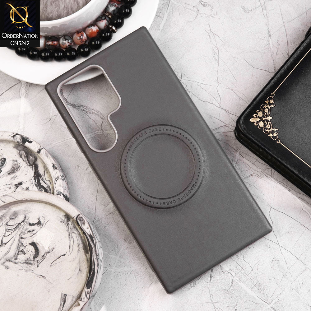 Samsung Galaxy S22 Ultra Cover - Gray - Luxury Pu Leather Texture Magsafe Soft Border Protective Case With Logo Hole