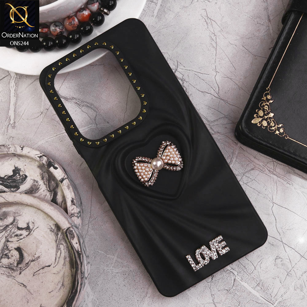 Infinix Hot 40 Pro Cover - Black - 3D Love Rhinesteart Wrinkle Fold Design Soft Silicon Protective Case
