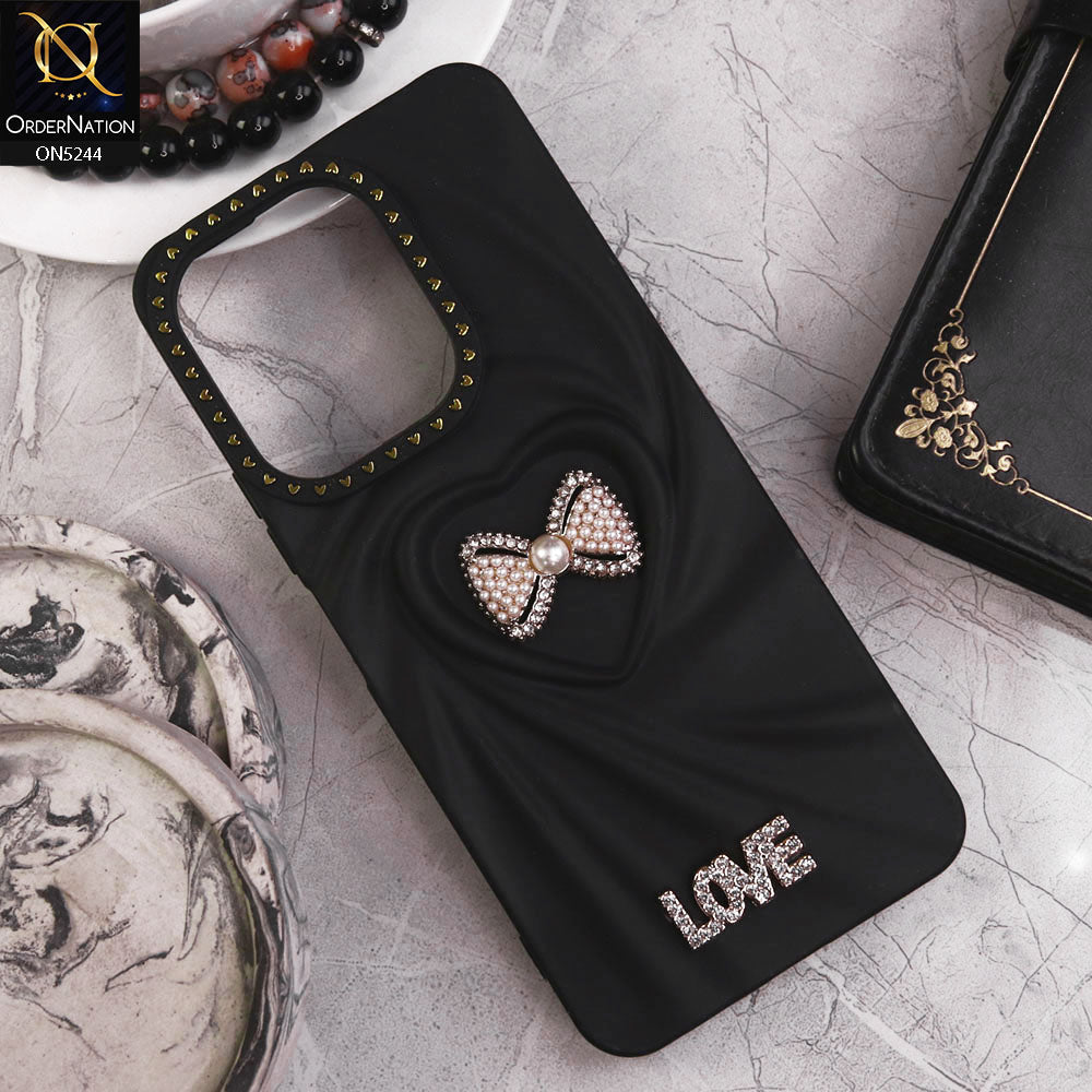 Xiaomi Redmi Note 13R Cover - Black - 3D Love Rhinesteart Wrinkle Fold Design Soft Silicon Protective Case