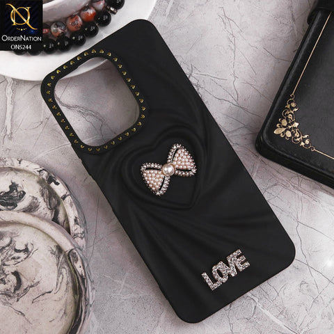 Xiaomi Redmi Note 13R Cover - Black - 3D Love Rhinesteart Wrinkle Fold Design Soft Silicon Protective Case
