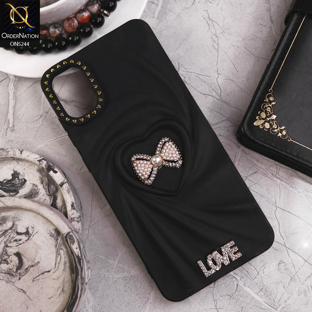 Samsung Galaxy A05 Cover - Black - 3D Love Rhinesteart Wrinkle Fold Design Soft Silicon Protective Case