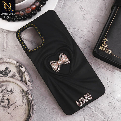 Samsung Galaxy A12 Nacho Cover - Black - 3D Love Rhinesteart Wrinkle Fold Design Soft Silicon Protective Case