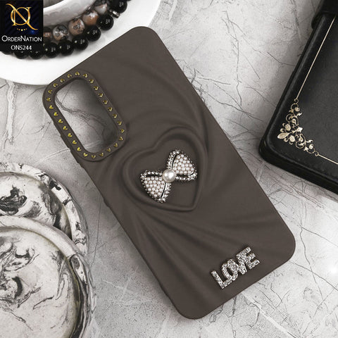Samsung Galaxy A15 Cover - Chocolate - 3D Love Rhinesteart Wrinkle Fold Design Soft Silicon Protective Case