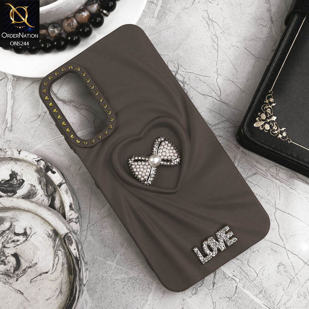 Samsung Galaxy A15 5G Cover - Chocolate - 3D Love Rhinesteart Wrinkle Fold Design Soft Silicon Protective Case