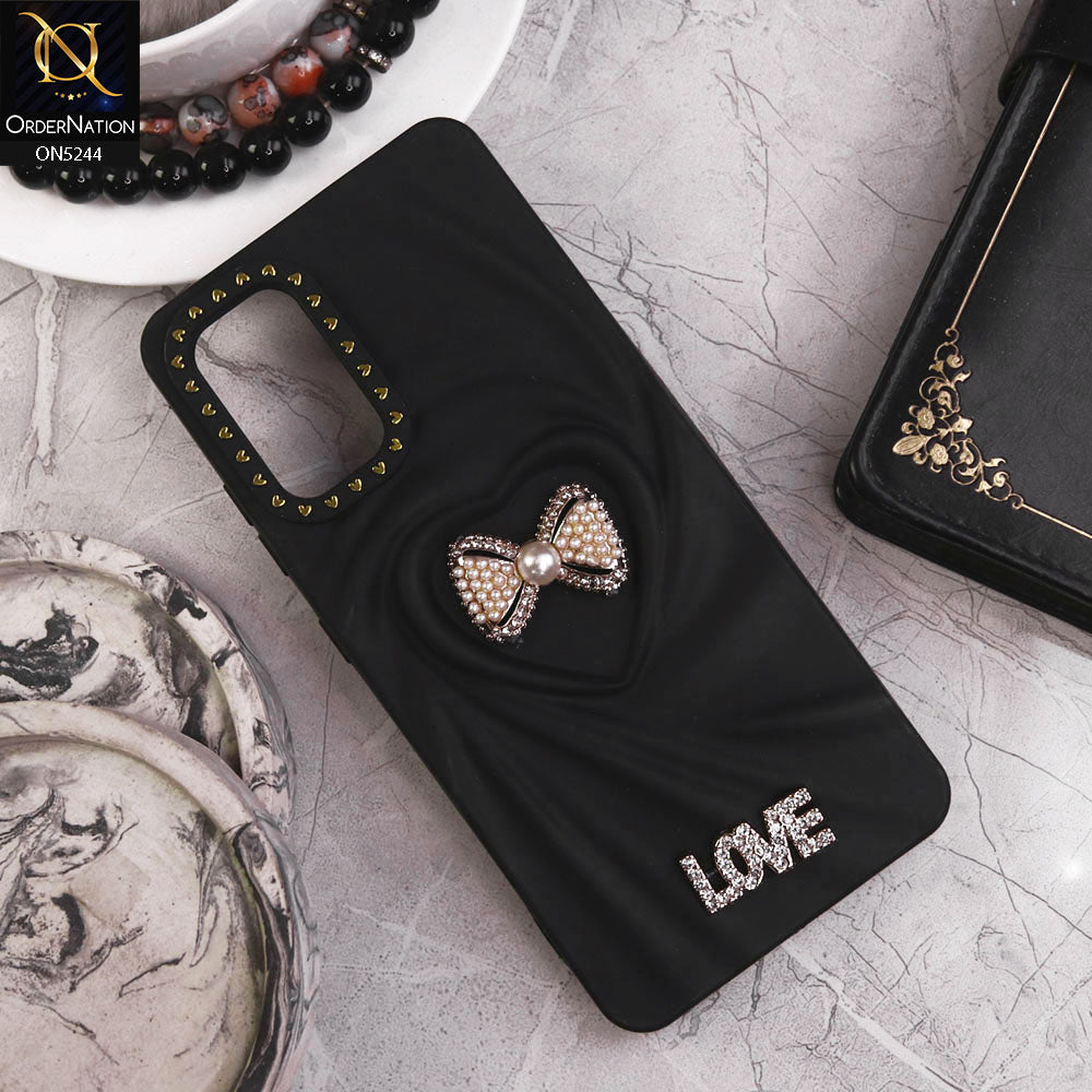 Samsung Galaxy A32 Cover - Black - 3D Love Rhinesteart Wrinkle Fold Design Soft Silicon Protective Case