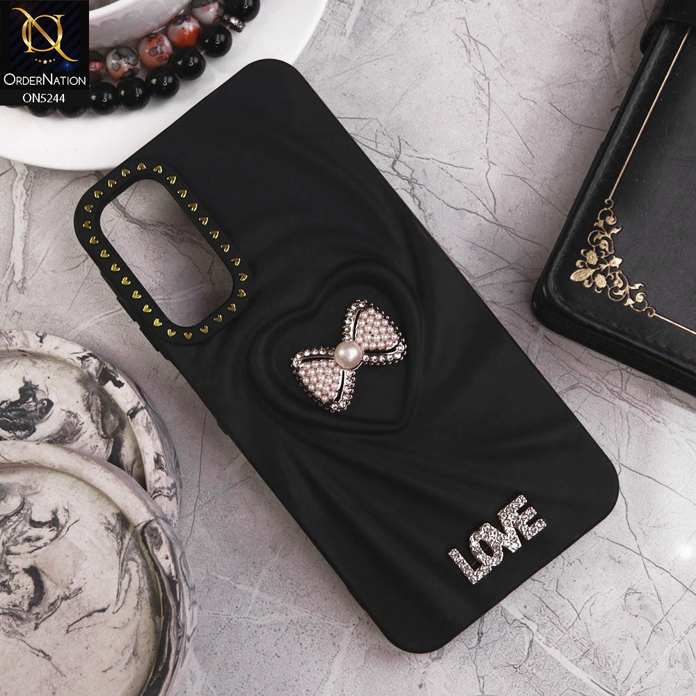 Samsung Galaxy A35 Cover - Black - 3D Love Rhinesteart Wrinkle Fold Design Soft Silicon Protective Case