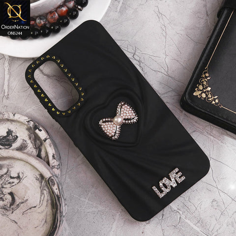 Samsung Galaxy A35 Cover - Black - 3D Love Rhinesteart Wrinkle Fold Design Soft Silicon Protective Case