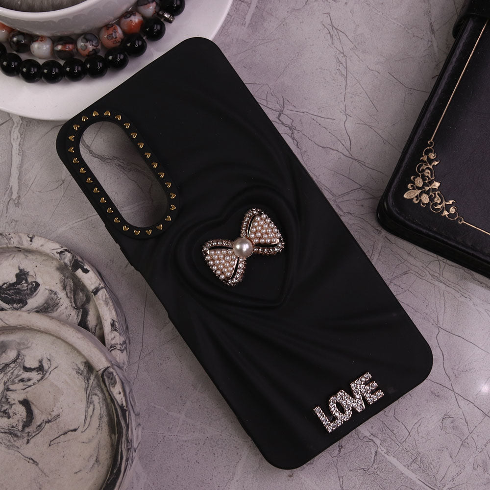 Vivo Y28 5G Cover - Black - 3D Love Rhinesteart Wrinkle Fold Design Soft Silicon Protective Case