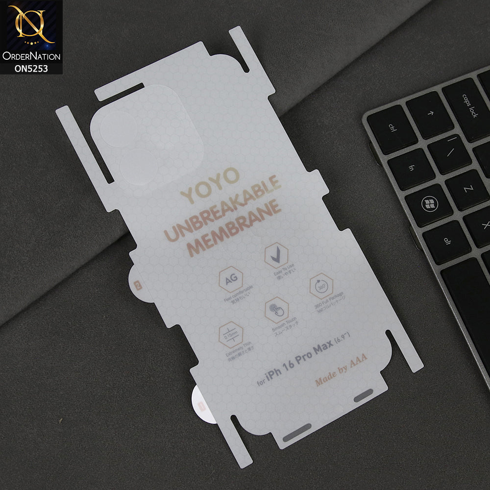 iPhone 16 Pro Max Sheet - Transparent - YOYO Unbreakable Membrane Shiny Film Back Protector Sheet