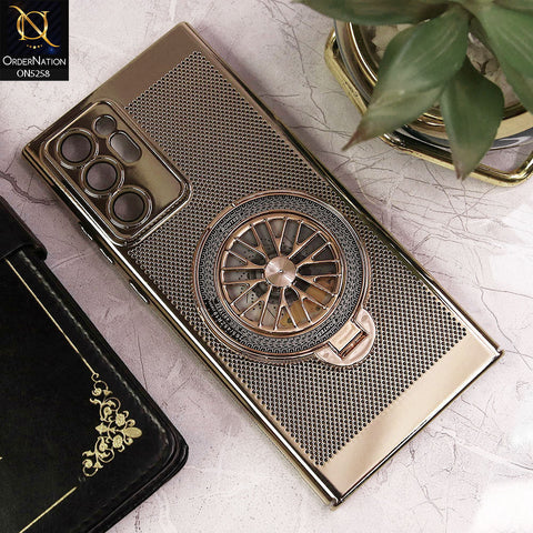 Samsung Galaxy Note 20 Ultra Cover - Golden - New Breathing Mesh Hard Shell Protective Case With Spin Rotating Wheel Kickstand Holder
