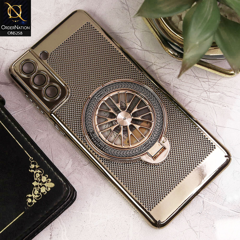Samsung Galaxy S21 Plus 5G Cover - Golden - New Breathing Mesh Hard Shell Protective Case With Spin Rotating Wheel Kickstand Holder