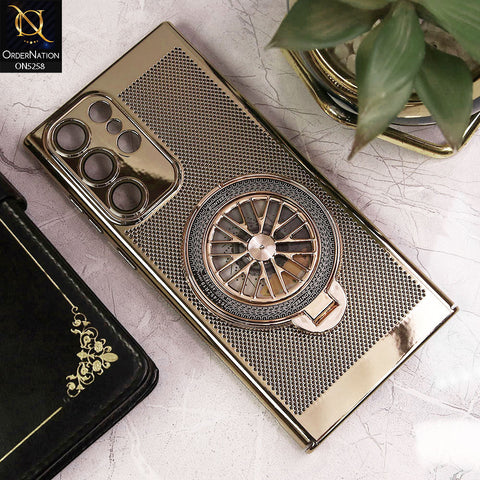 Samsung Galaxy S22 Ultra 5G Cover - Golden - New Breathing Mesh Hard Shell Protective Case With Spin Rotating Wheel Kickstand Holder